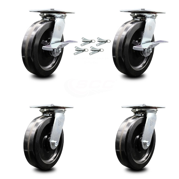Service Caster 8 Inch Phenolic Caster Set with Roller Bearing 4 Swivel Lock and 2 Brake SCC SCC-35S820-PHR-SLB-BSL-2-BSL-2 - main